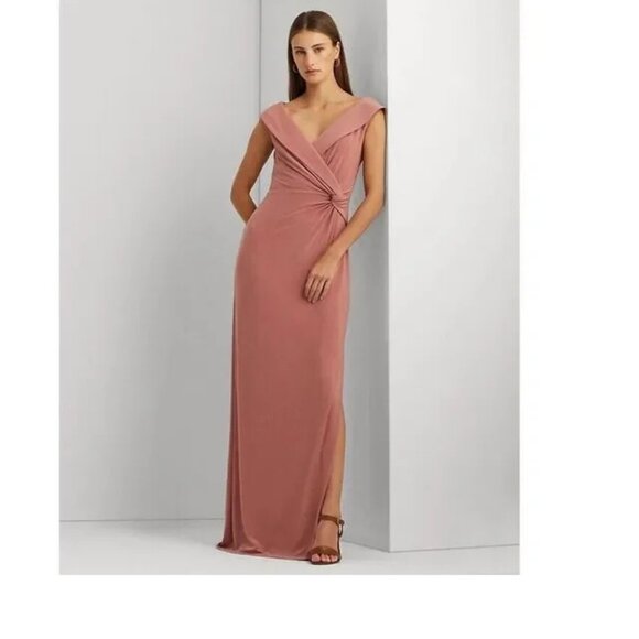 Lauren Ralph Lauren Jersey Off the Shoulder Gown Women's 10 Pink Mahogany V-Neck - Picture 3 of 8